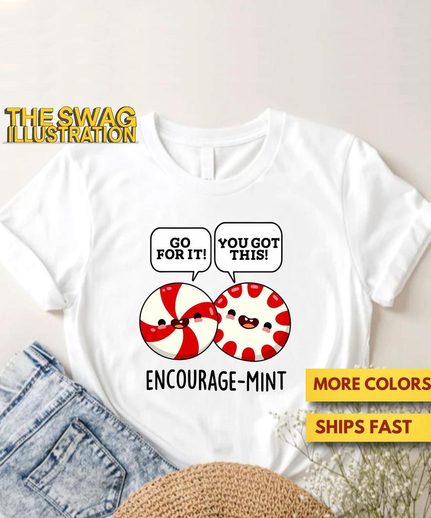 Футболка с шутками про мяту "Encourage-mint", Милая, Забавная футболка с мятными каламбурами, Пищевой юмор, Подарок для любителей каламбуров, Ультрамягкая футболка премиум-класса