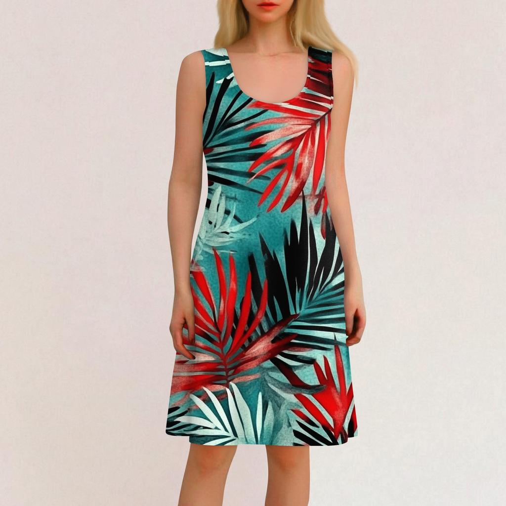 Женское повседневное гавайское праздничное платье с принтом и U-образным вырезом без рукавов, пляжное платье