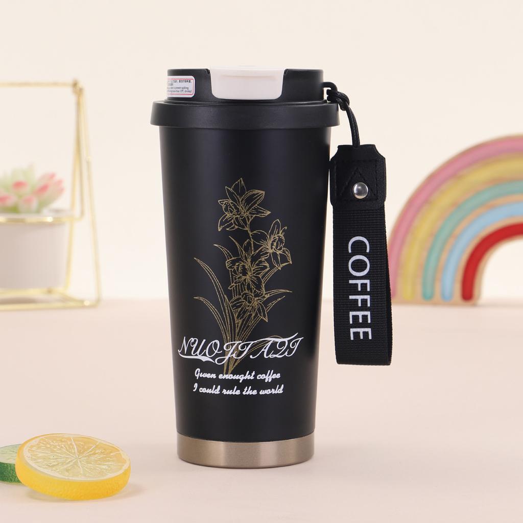 New Stainless Steel Thermos Cup High Appearance Level Bell Flower Portable Double Drink Coffee Cup Large Capacity Straw Cup