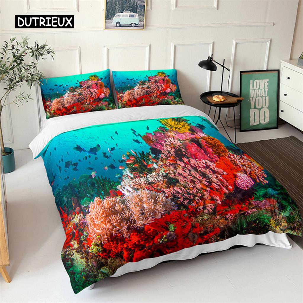 Комплект постельного белья Ocean с изображением синих морских рыб и 3D-принтом для детей. Мягкий полиэстеровый чехол для одеяла Queen King с изображением северного океана