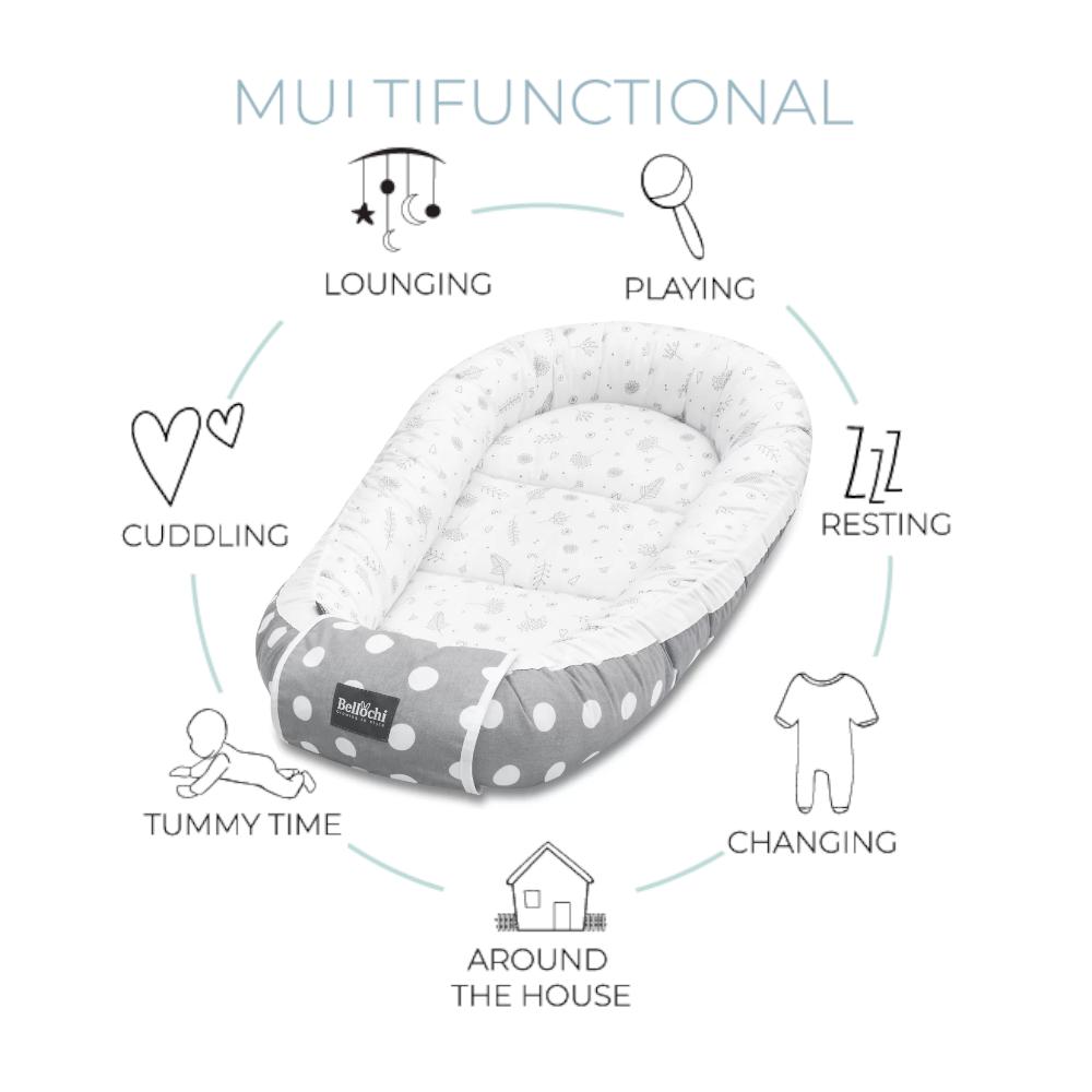Bellochi Baby Nest Pod Baby Sleep Pod for Newborn - 100% Cotton - Oeko-TEX Certified - 90x60x12cm - with Protective Edges - dotti bello