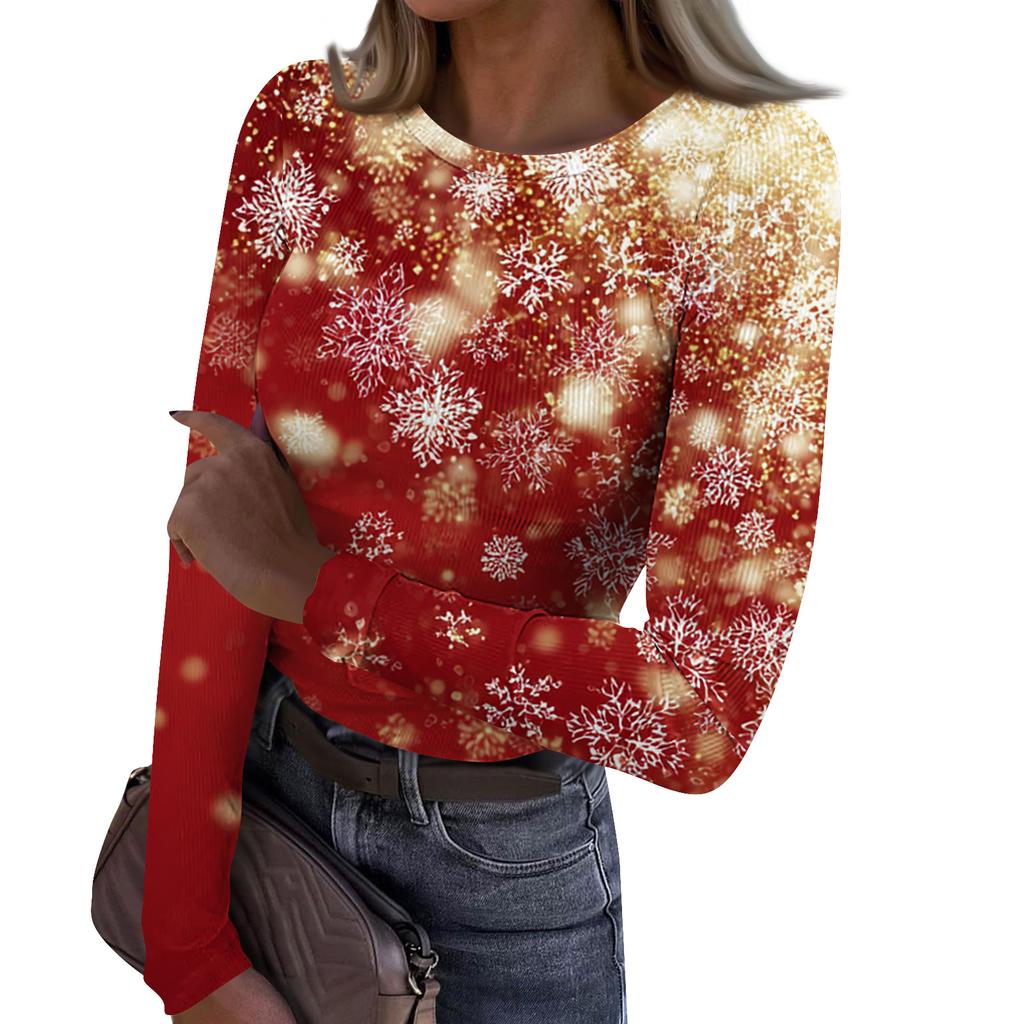 Women's Fashion Slim-Fit Round Neck Base Layer T-Shirt Christmas Print Long-Sleeved Top