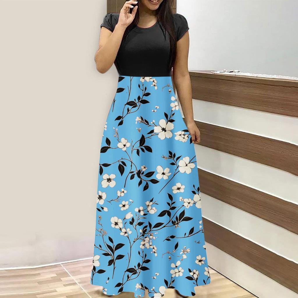 Женская мода повседневные свободные принтованные платья с круглым вырезом и коротким рукавом длинные платья с коротким рукавом длинные платья