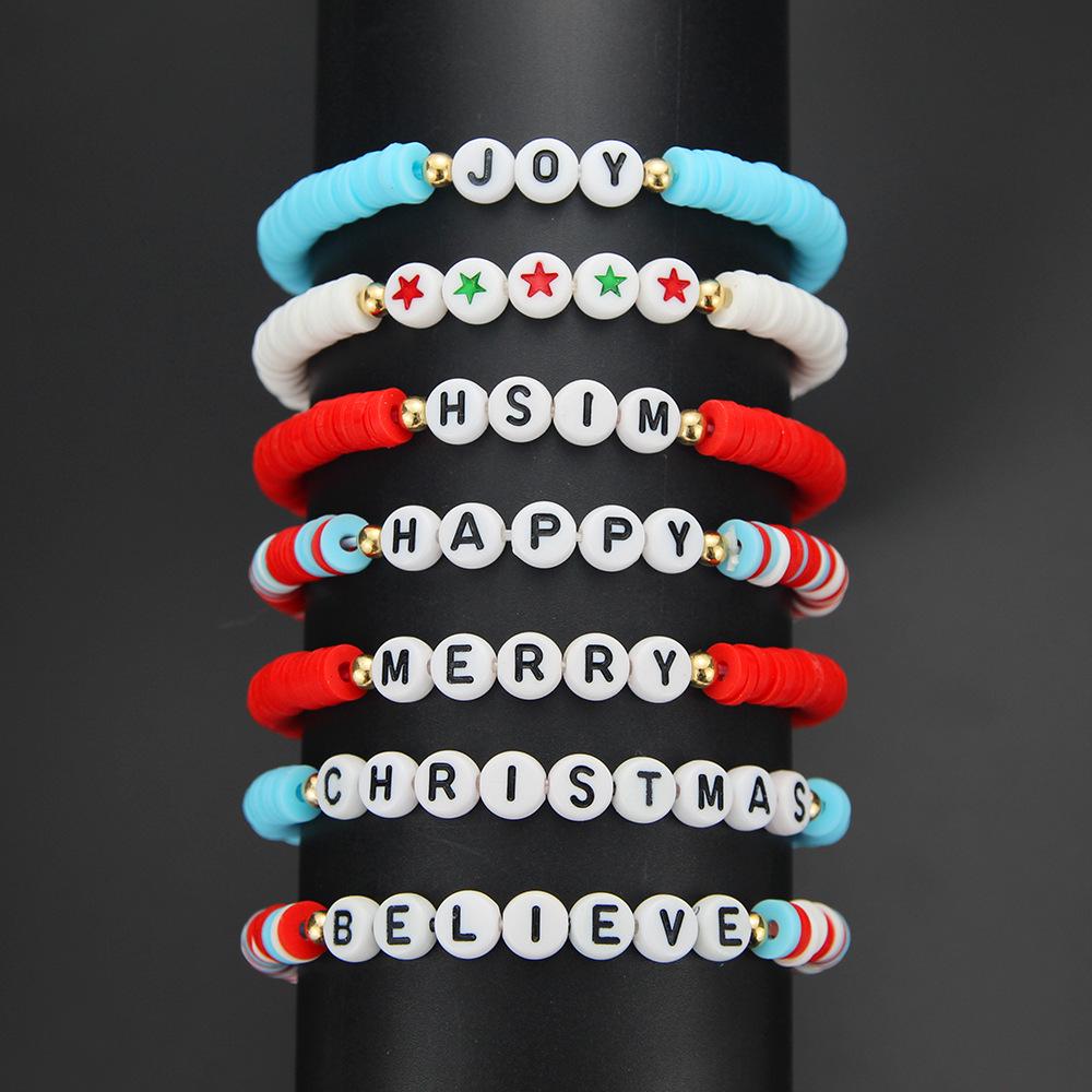 Трансграничный рождественский подарочный набор из 6 предметов: Красные и зеленые эластичные браслеты из полимерной глины с буквами и бусинами