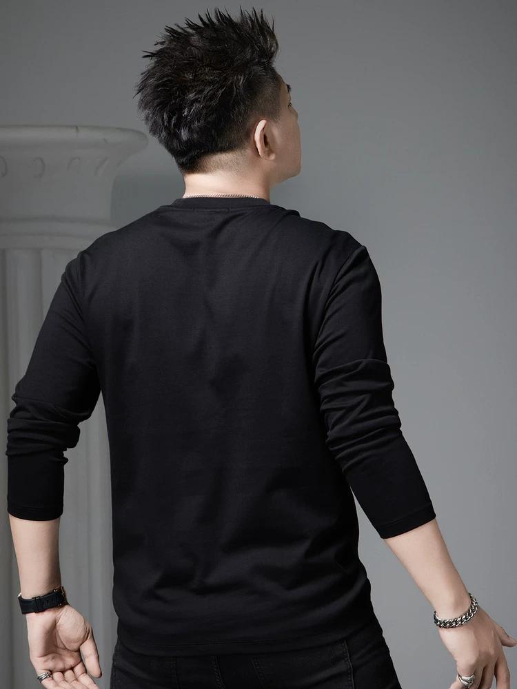 European Style Round Neck Long Sleeve T-Shirt for Men, 2025 Autumn New Trendy Printed Rhinestone Base Shirt Casual Top