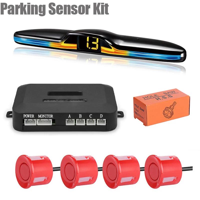 EURS New LED Parking Sensor System Backlight Parktronic Monitor Display Kit Backup Detector Assistant 4 Probes