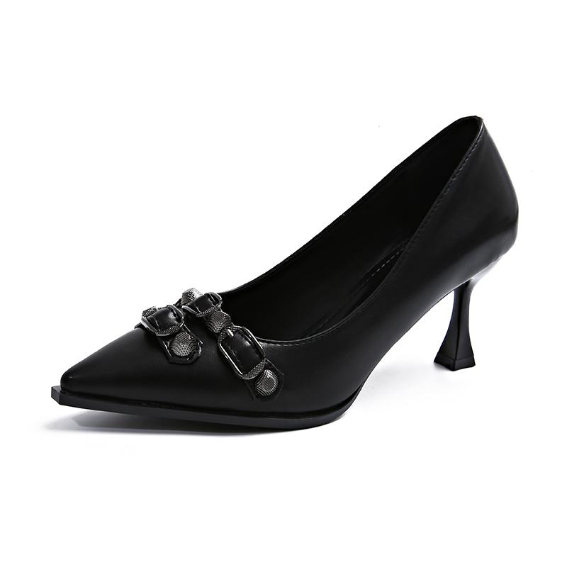Rivets Metal Buckle High Heels Summer New Pointed Head Shallow Mouth Set Foot Anti-slip Wear-resistant Single Shoes