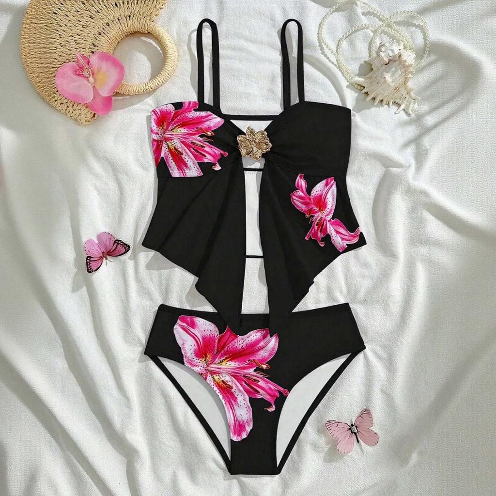Girls Floral Print Two Piece Swimsuit Adjustable Straps Tankini Top with Decorative Front Detail and Matching Bottoms Lightweight Fabric