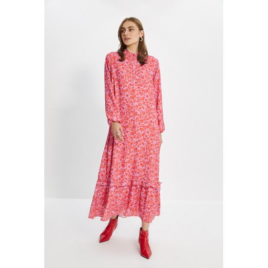 Оранжевая юбка с полуворотником с цветочным принтом и широкое платье с оборками