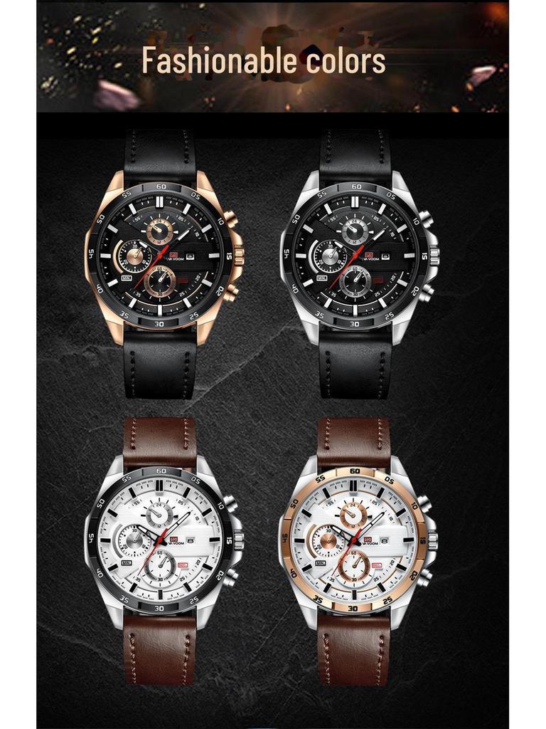 Мужские водонепроницаемые кварцевые часы для спорта на открытом воздухе с календарем и кожаным ремешком