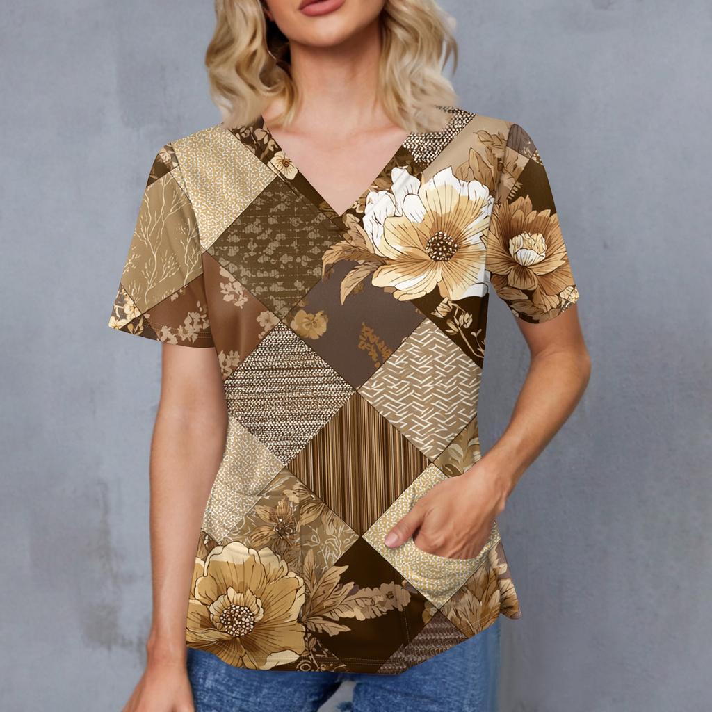 Women's Retro Printed V-Neck Double Pocket Short Sleeves Hem Slit Uniform Caregiver Top