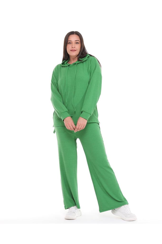 Women's Fashion Big Size Tracksuit Set Green Plus Size Wide Leg Long Sleeve Hooded Tracksuit Set