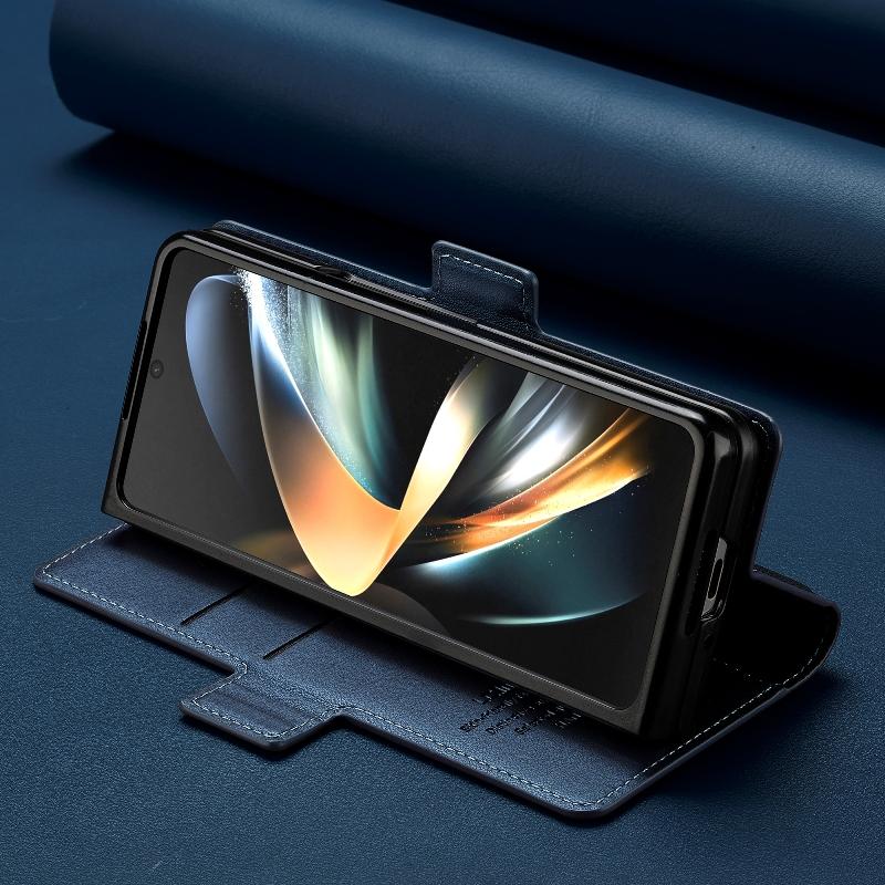 Магнитный откидной кожаный чехол для телефона Samsung Galaxy Z Fold4/Z Fold 3 со встроенным кошельком-картхолдером и слотом для стилуса(Исключая ручку)