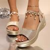 Новая женская обувь 2025 года, женские сандалии с открытым носком, повседневные сандалии с бусинами на завязках, летние женские сандалии большого размера на сплошной танкетке