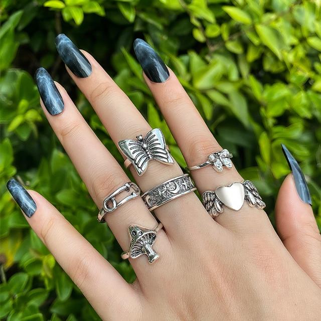 6 шт. Винтажный готический набор колец с бабочкой и цветком, многоэлементный набор для женщин и мужчин, ретро-персонаж, подарки на палец