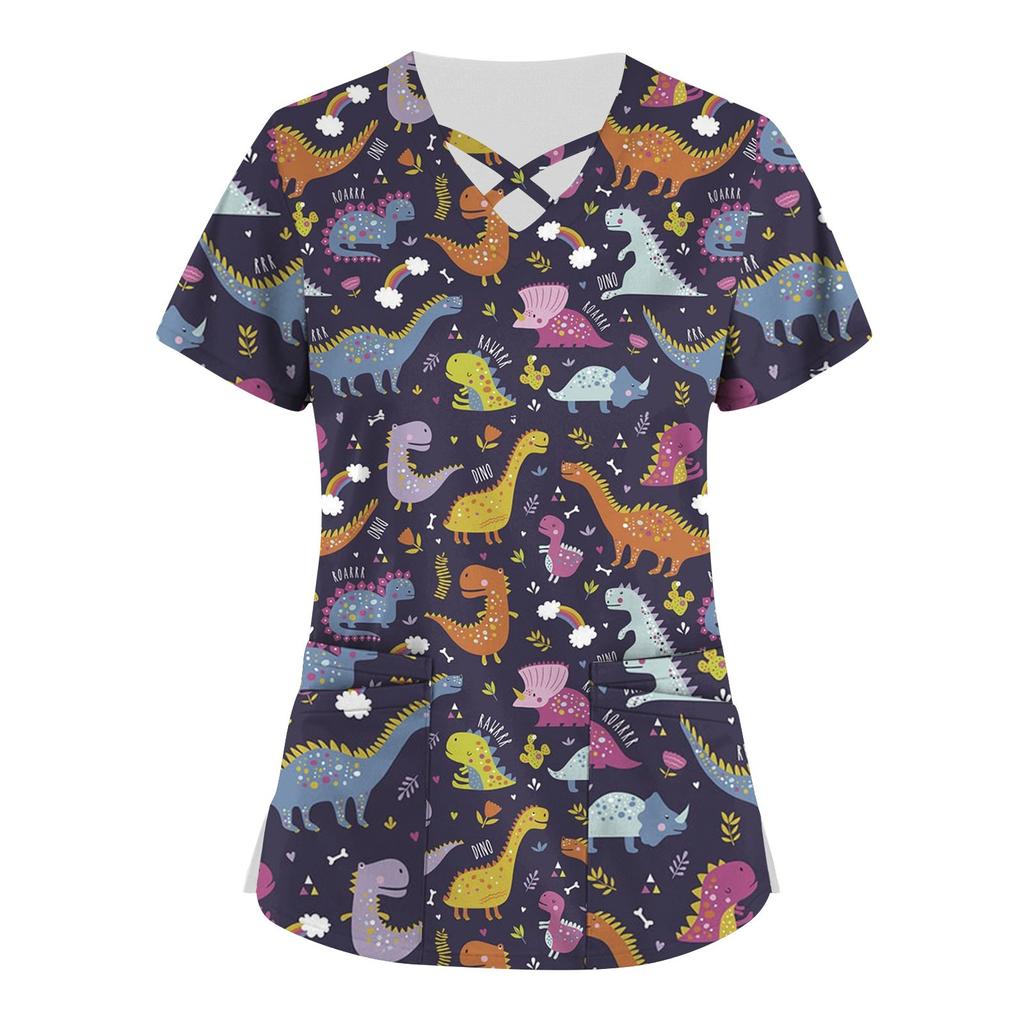 Plus Size Cute Printed Scrub Working Uniform Tops For Women Cross V-Neck Short Sleeve Fun T-Shirts Workwear Tee With Pockets