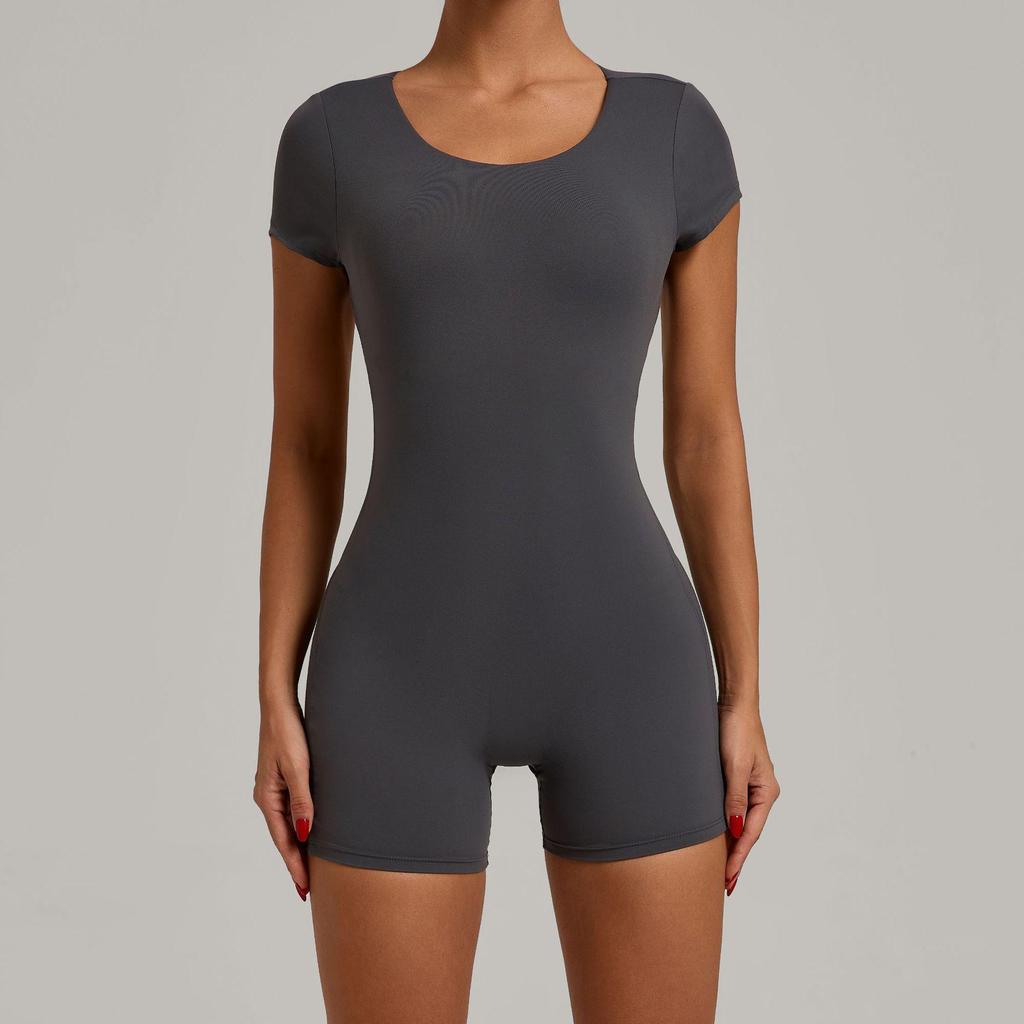 European & American Backless Peach Hip Tight Yoga One-Piece - Short Sleeve for Dance, Fitness & Sports