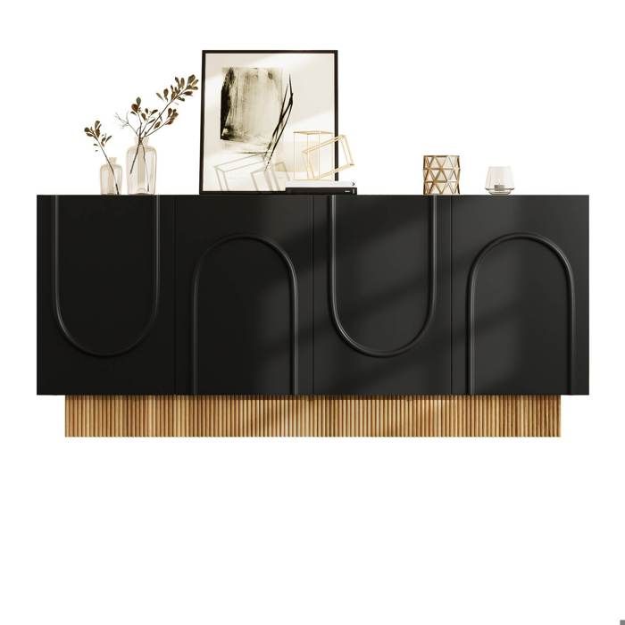 Buffet bas - LEMONBEST - Buffet 4 portes 160 cm - Noir - Aspect bois - Contemporain