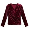 Plus Size Gold Velvet V-Neck Long Sleeve Shirt - Women's Autumn/Winter 2025 Collection