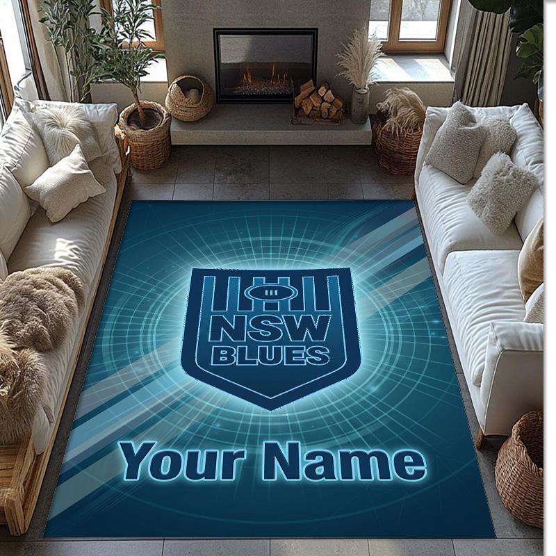 NSW Blues logo Crystal Velvet Rug, Custom Name Text Personalized Non‑Slip Floor Mat for Home Decor Gift