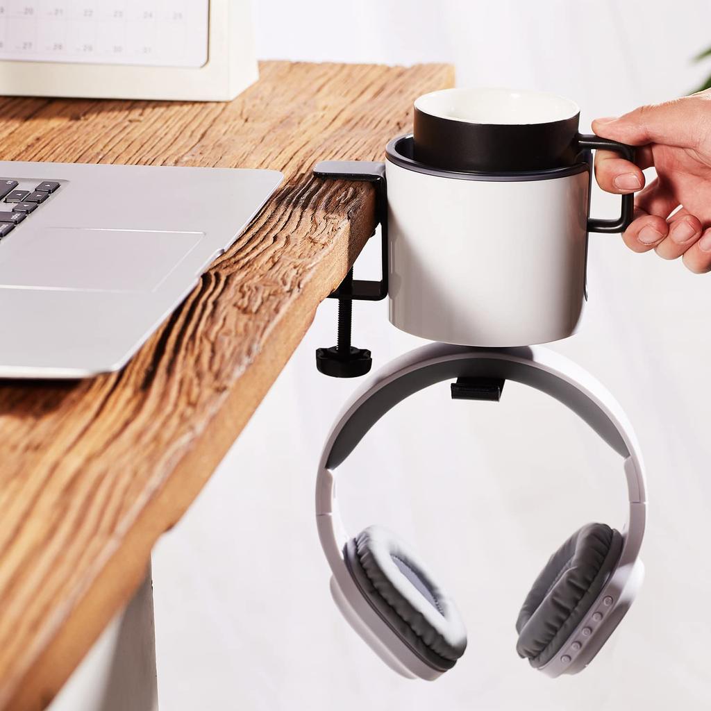Bitze Luxury 2-in-1 Drink Cup Holder, Desk Cup Holder, Multifunctional Storage Rack for Computer Desks, and Earphone Holder (White)