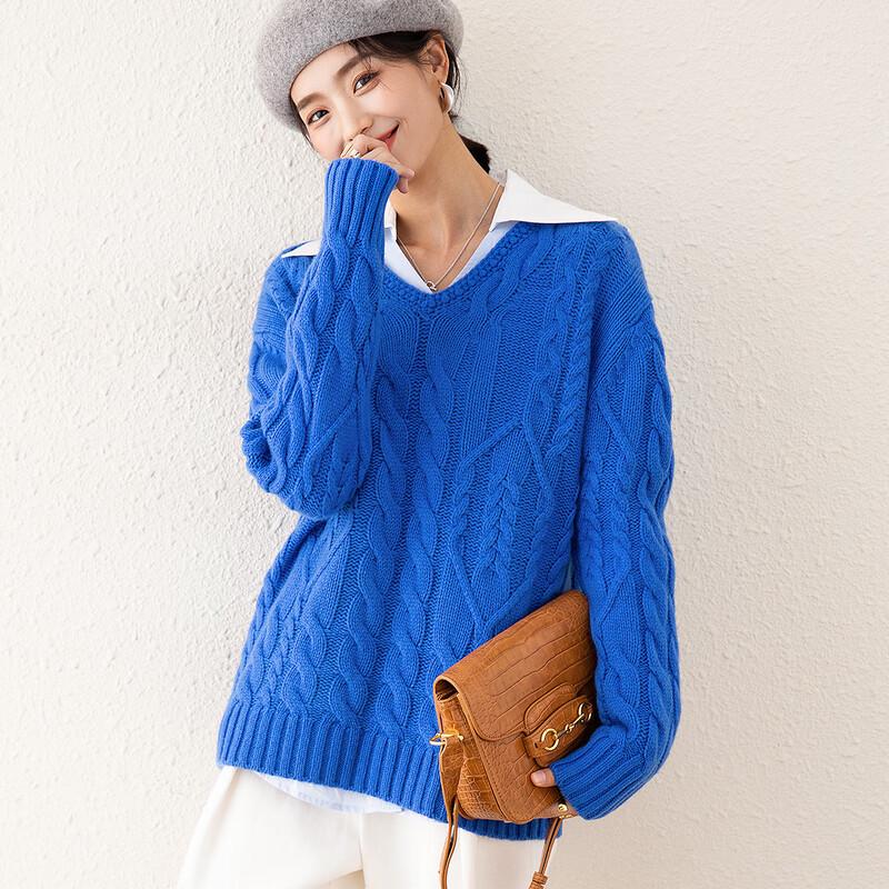 TUHUANG Thick Pure Wool V-Neck Cable Knit Sweater