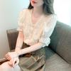 Women's French Lace V-Neck Puff Sleeve Top - Elegant Summer Style