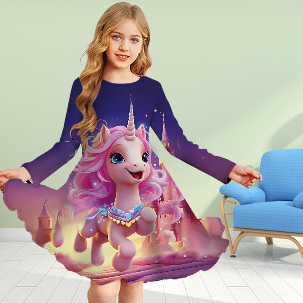 Повседневное платье для девочек с 3D-принтом, розово-красным единорогом, круглым вырезом и длинными рукавами, детское платье принцессы