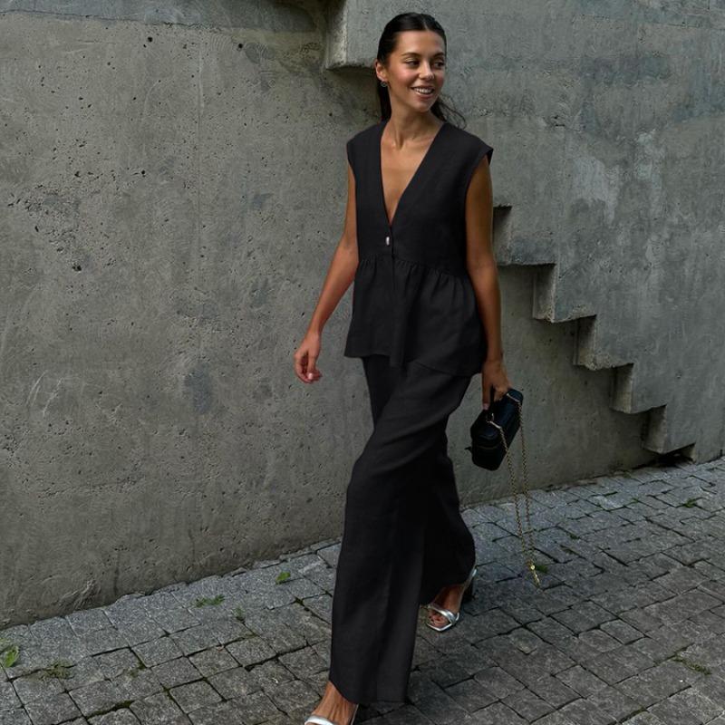 Cotton V-neck Sleeveless Top Women's Loose Vest Pants Set Solid Color Temperament Commut Two-piece Set Spring and Summer New