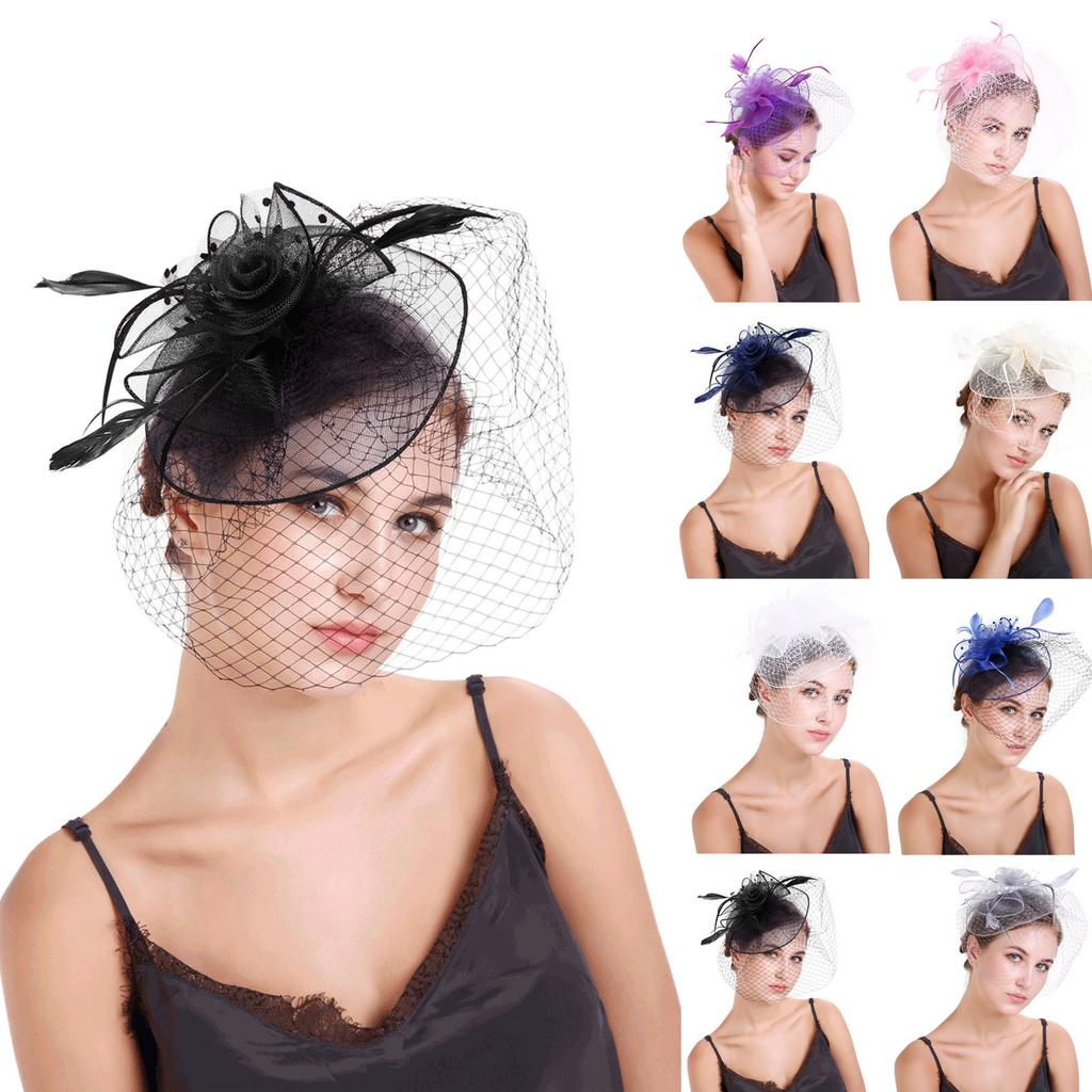 (Projector)Women Flower Mesh Ribbons Feathers Headband Cocktail Tea Party Hat Headwear