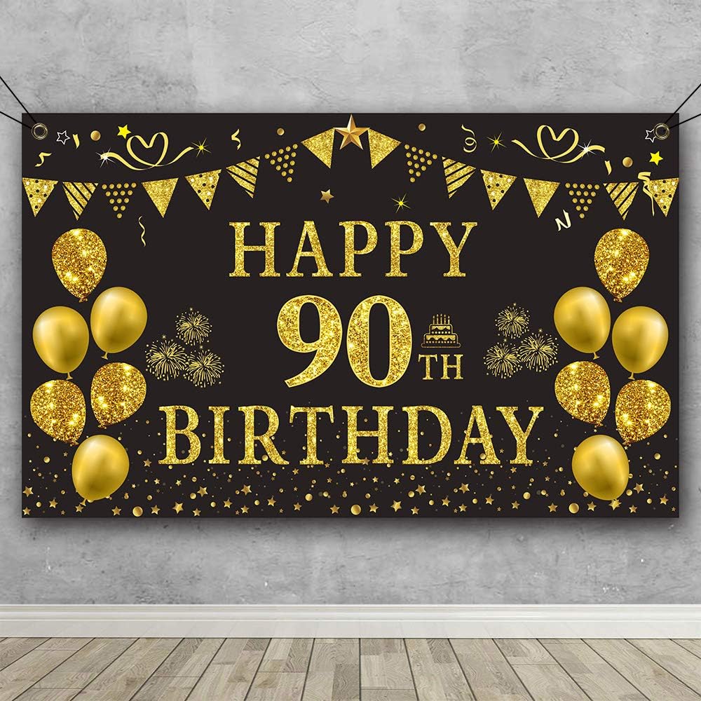 Trgowaul 90th Birthday Backdrop Gold and Black 5.9 X 3.6 Fts Happy Birthday Party Decorations Banner for Women Men Photography Supplies Background