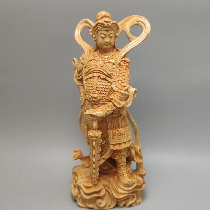 Natural Solid Wood Guan Gong Statue, Wei Tuo Protectors, Home Carving, Office, Feng Shui Figure