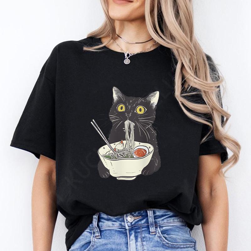 Noodle Cat Женские футболки Смешные Ramen Черная футболка с кошкой Женская одежда Обычные топы с коротким рукавом Женская мода Футболки с мультяшной графикой Женские