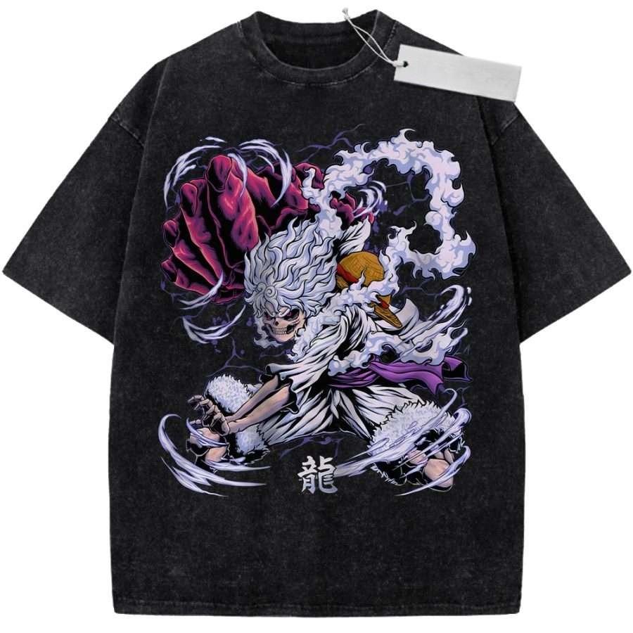 Унисекс стирка фиолетовая винтажная футболка One Piece Кайдо Человек Дракон Дракон Кандзи Высококачественная ткань для дома отдыха путешествий
