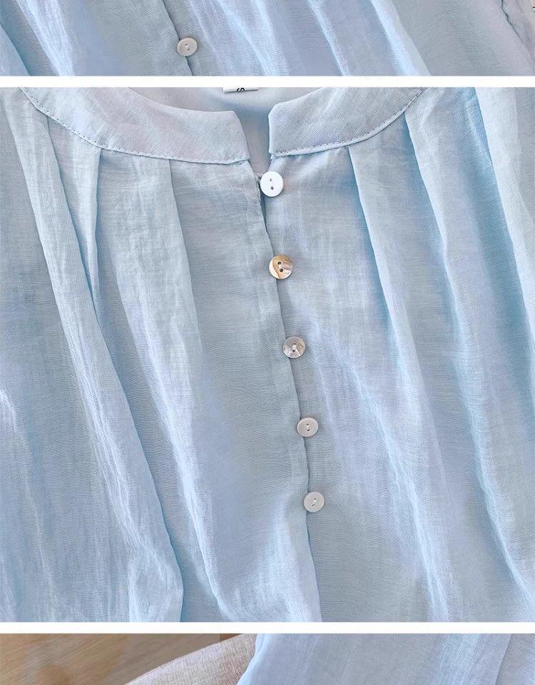 Женская летняя свободная и стройнящая блузка большого размера с рукавами-воланами и французскими рюшами