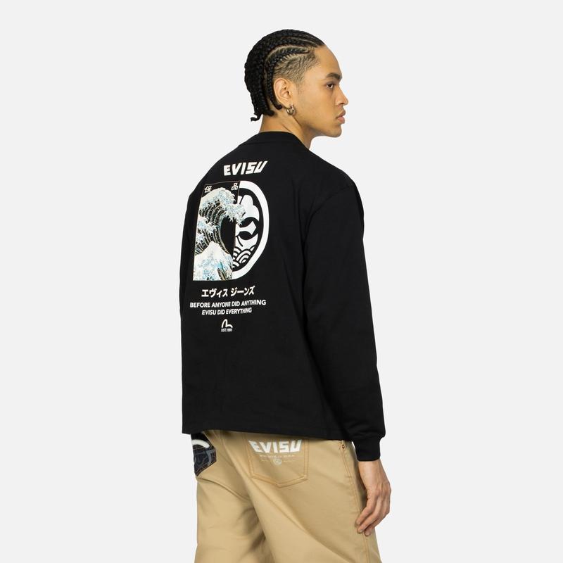 Evisu Мужская футболка с длинным рукавом SS24 с принтом «Японская волна и семейный цветочный узор» Топы Черный 2ESHTM4TL7063RXCT