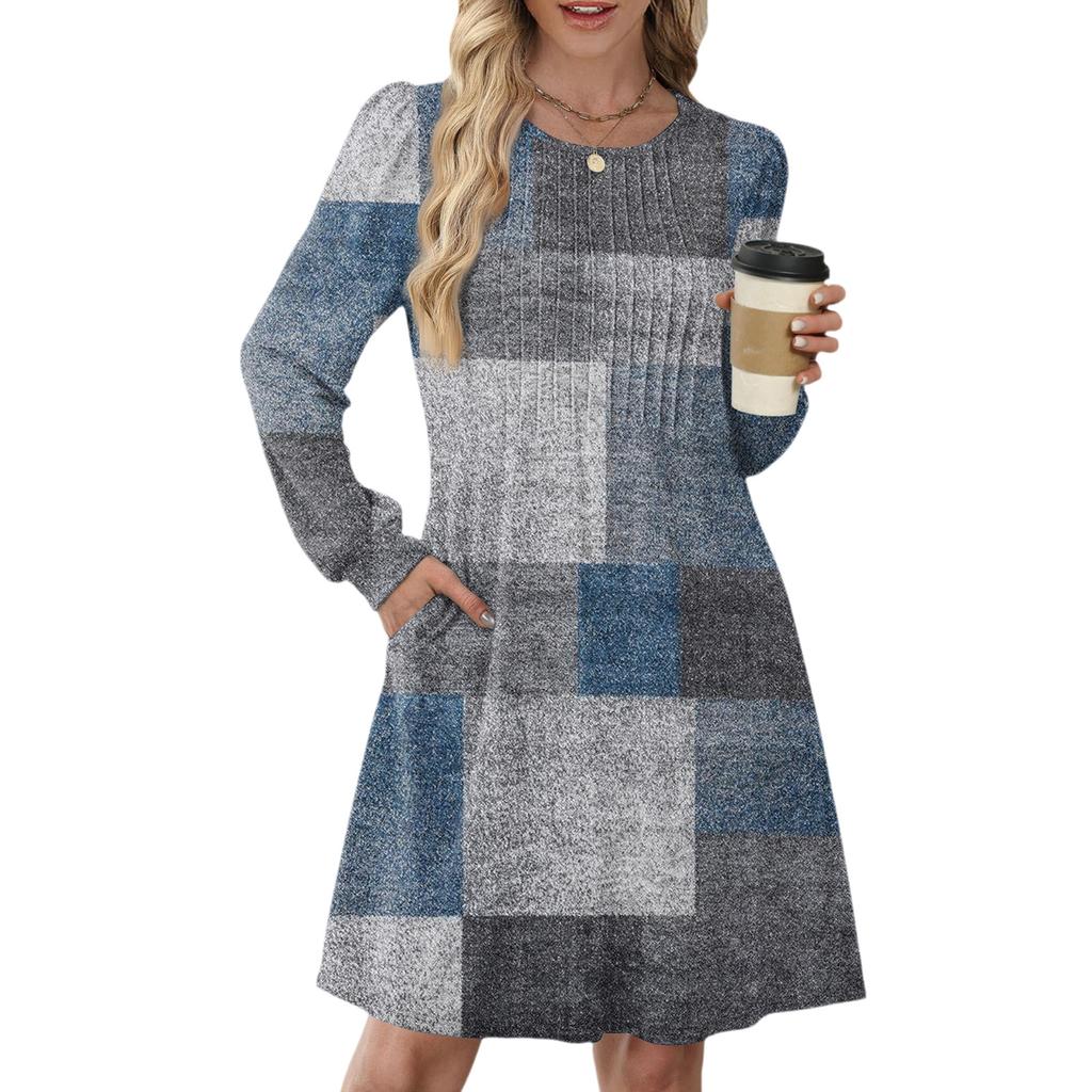 Женское повседневное платье с длинным рукавом, плиссировкой, круглым вырезом, винтажным цветочным принтом и карманами