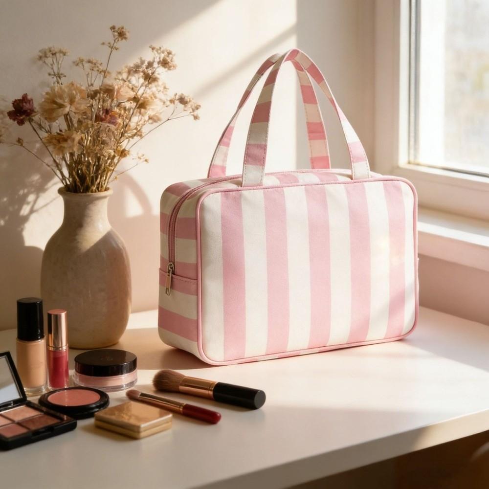 Large Capacity Striped Toiletry Storage Bag Multi Compartment Cosmetic Pouch Weekend Getaway