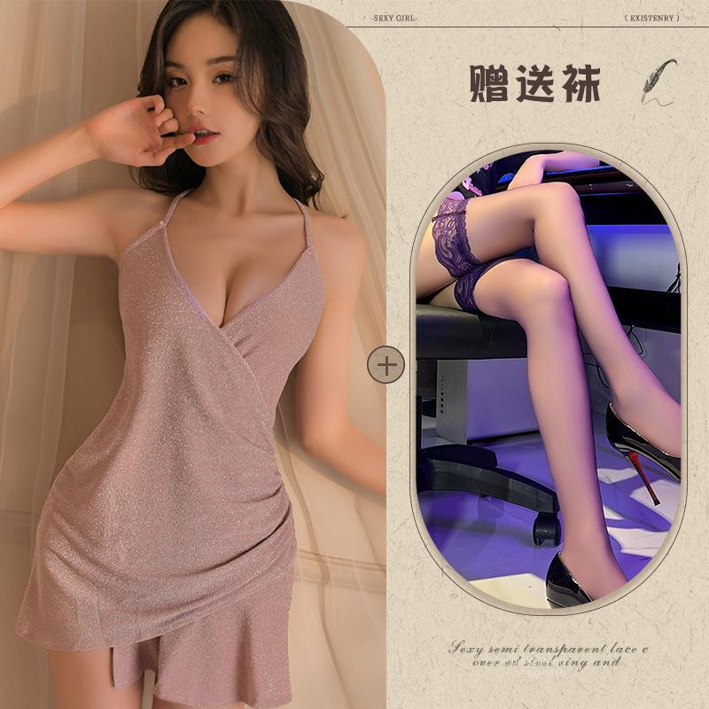 Erotic lingerie sexy shiny suspender slim pajamas hot deep V uniform pajamas