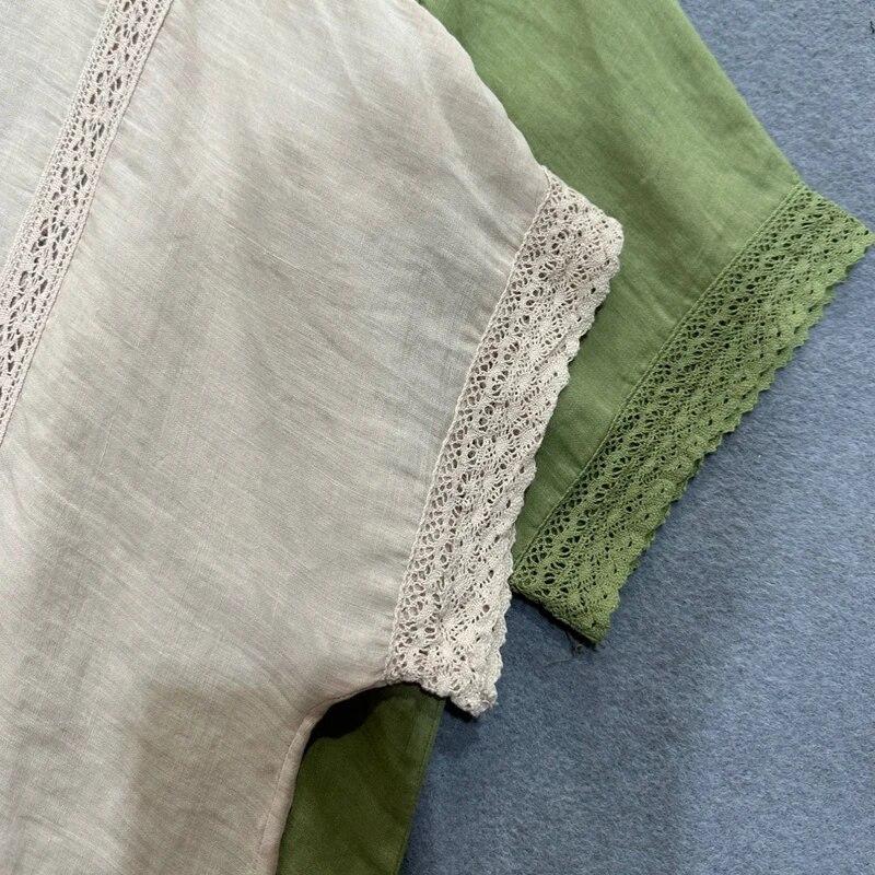 Johnature Summer Sweet Embroidery Tops Vintage Casual Design Sense Versatile Short Sleeve Pullover Shirts Women