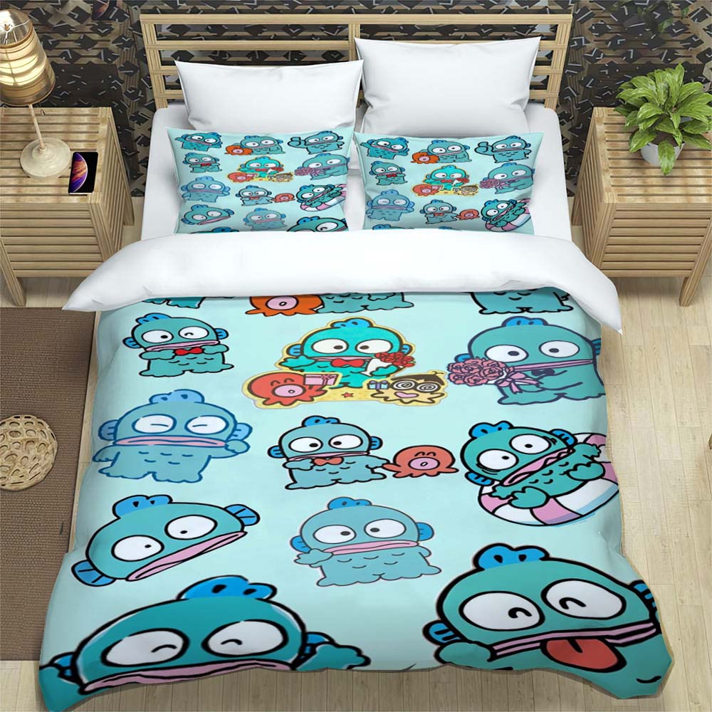 The virtual cartoon character HANGYODON themed three piece bedding set, including duvet covers and pillowcases, is the perfect