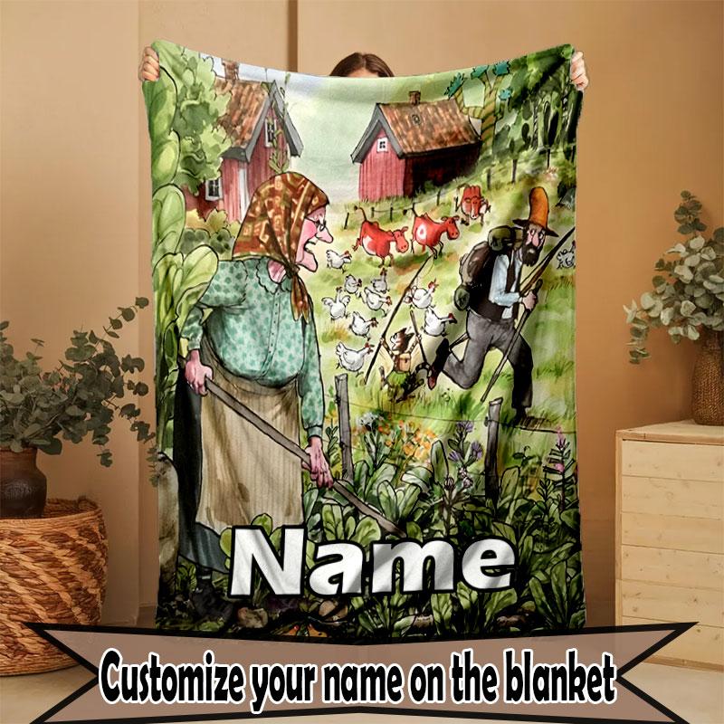 Custom Name Personalized Pettersson und Findus Print Blanket, Home Decor, Bedroom, Sofa, Camping, Couch, Gifts for Birthday Christmas