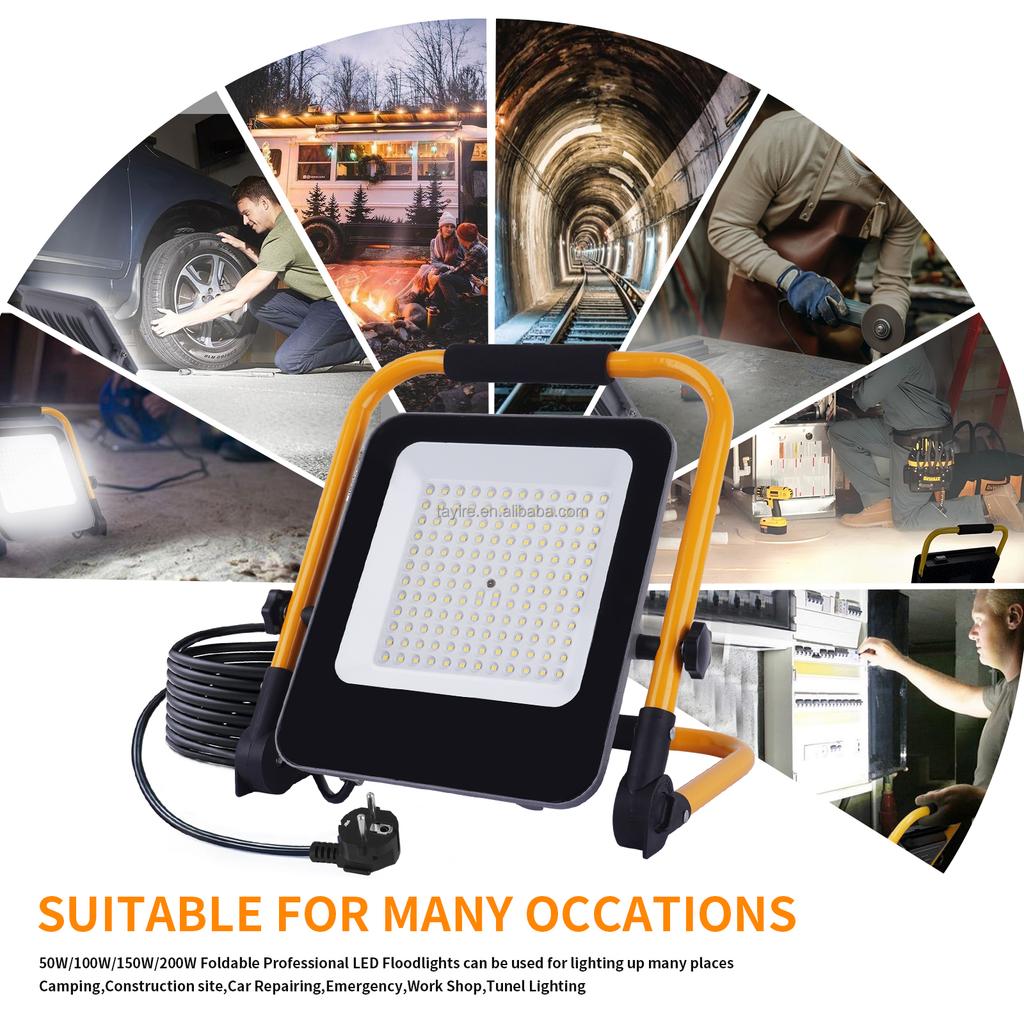 50W 100W 150W 200W Portable EU Plug LED Work Light Floodlight IP66 180V-265V Adjustable Stand Construction Work Site Flood Light