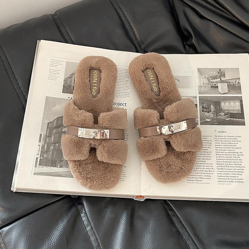 Мода осень-зима 2025, простые шлепанцы с пряжкой, пушистые тапочки интернет-знаменитости, женская повседневная обувь на толстой подошве, хлопковые туфли на перемычке