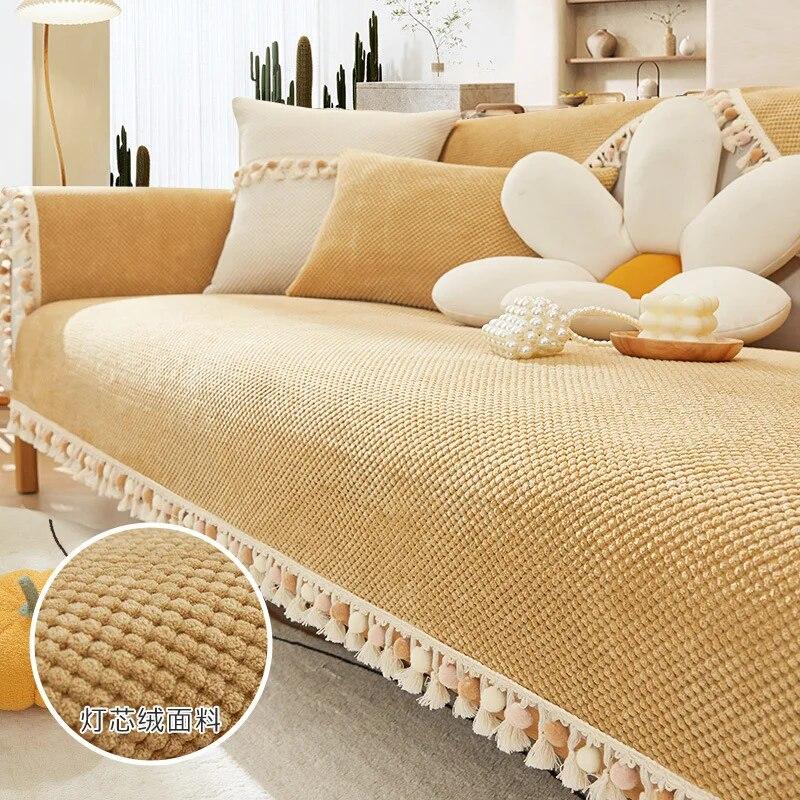 Solid Tassel Ball Sofa Cushion Four Seasons Universal Winter Thicken Chenille Anti Slip Modern Cushion