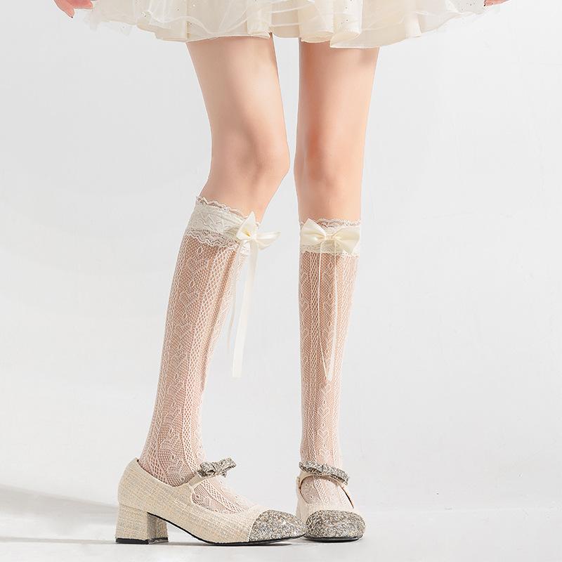 Белые гольфы из телячьей кожи с бантом на лето, тонкие, ажурные, длинные, с лентой и кружевом в стиле лолита до колена