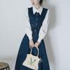 Женский ретро-костюм в гонконгском стиле: Французский Комплект: Рубашка и Жилет с Юбкой для Весны/Осени, Джинсовый Ансамбль
