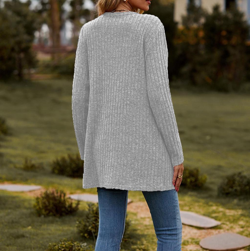 Women's  Solid Color Brushed Striped Cardigan with Buttoned Jacket Design