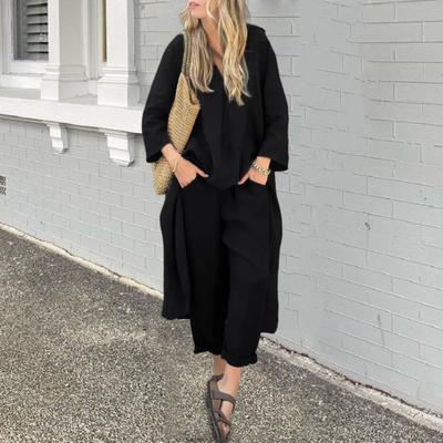 2 шт./комплект женский топ брюки комплект V-образный вырез длинные рукава нестандартная блузка средней длины винтажные брюки с эластичной резинкой на талии повседневный свободный наряд для отдыха