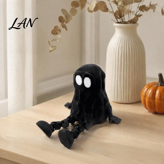 Small Portable Ghost Figurine 3D Printed Articulated Figurine, Movable Joint Toy, Funny Hooded Desktop Ornament for Halloween Decor, Unpainted
